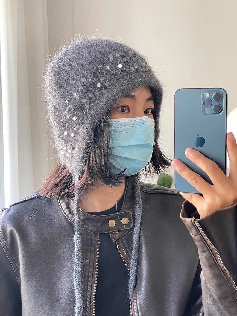 Sequined Knitted Rabbit Fur Blended Split Design Woolen Bomber Cap Women Winter Warmth Outdoor Protection Ear Knitted Beanie Cap