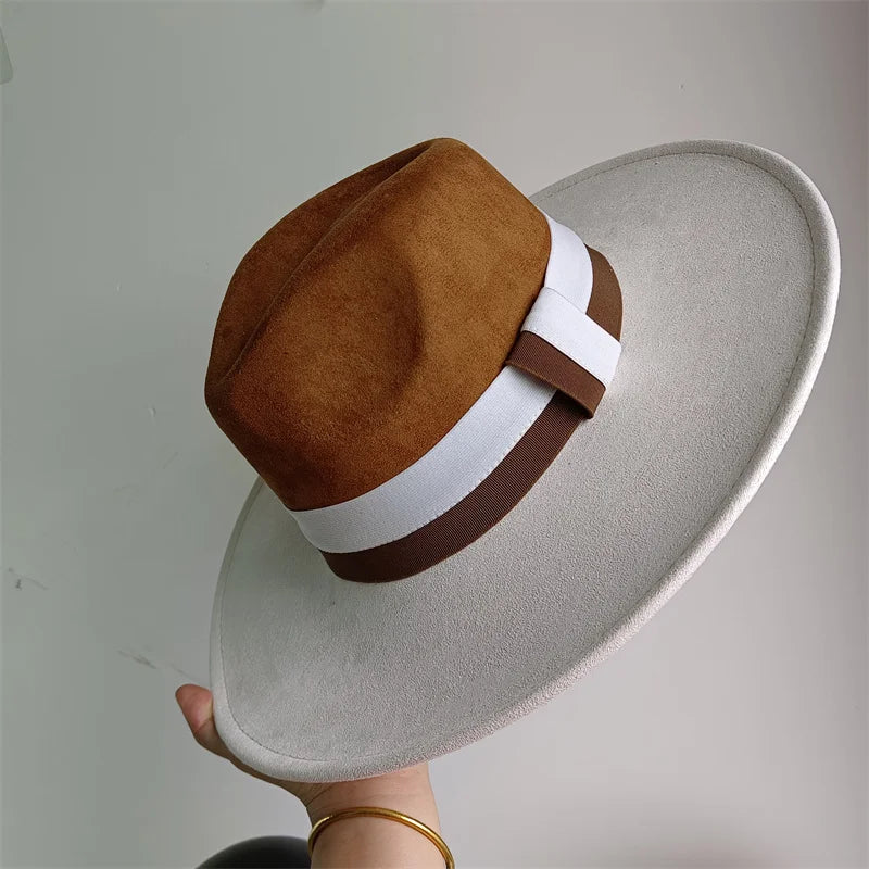 Colorblock Ribbon Colorful Suede Hat Autumn and Winter Women's Felt Hat Wide Brim Hat British Style Retro Men's Gorras Hombre