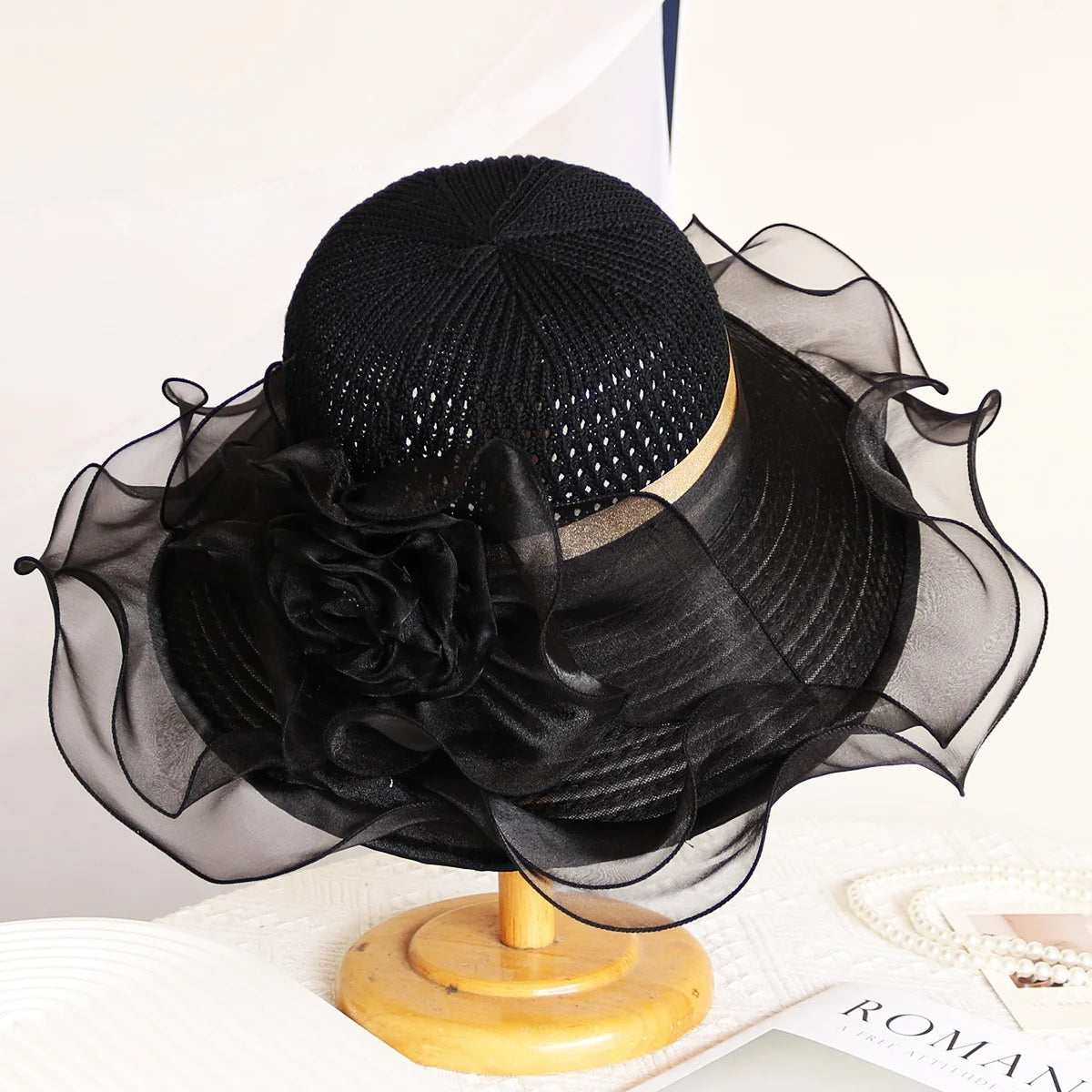 Elegant Summer Women's Sun Hat Breathable Organdy Material Foldable Design Woven Top Flower Decoration