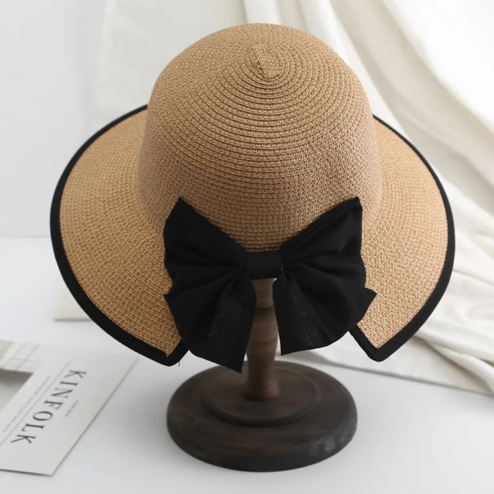 Elegant Womens Straw Hat Lady Beach Hat Summer Sun Floppy Wide Brim Foldable Bucket Cap Sunscreen Hat For Outdoor Camping Hiking