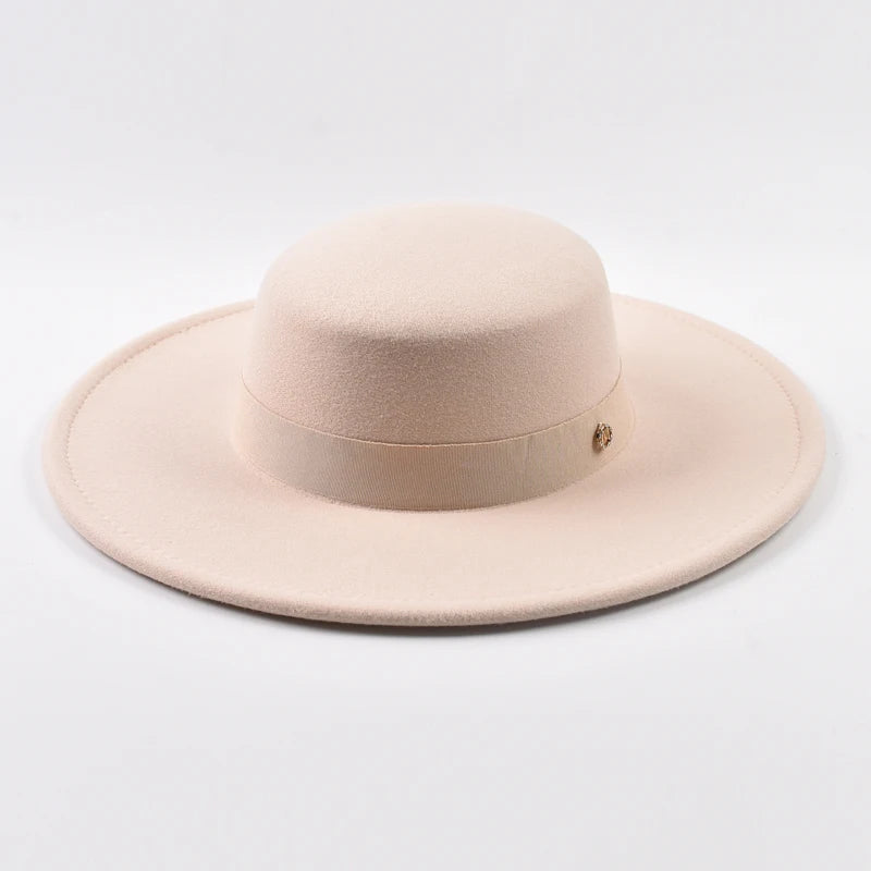 French Style Fedora Hat for Women Autumn Winter 10CM Wide Brim Flat Top Felt Hat Fashion Derby Wedding Jazz Hats