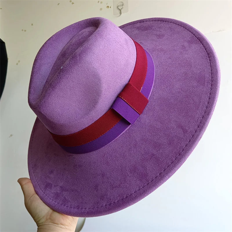 Colorblock Ribbon Colorful Suede Hat Autumn and Winter Women's Felt Hat Wide Brim Hat British Style Retro Men's Gorras Hombre