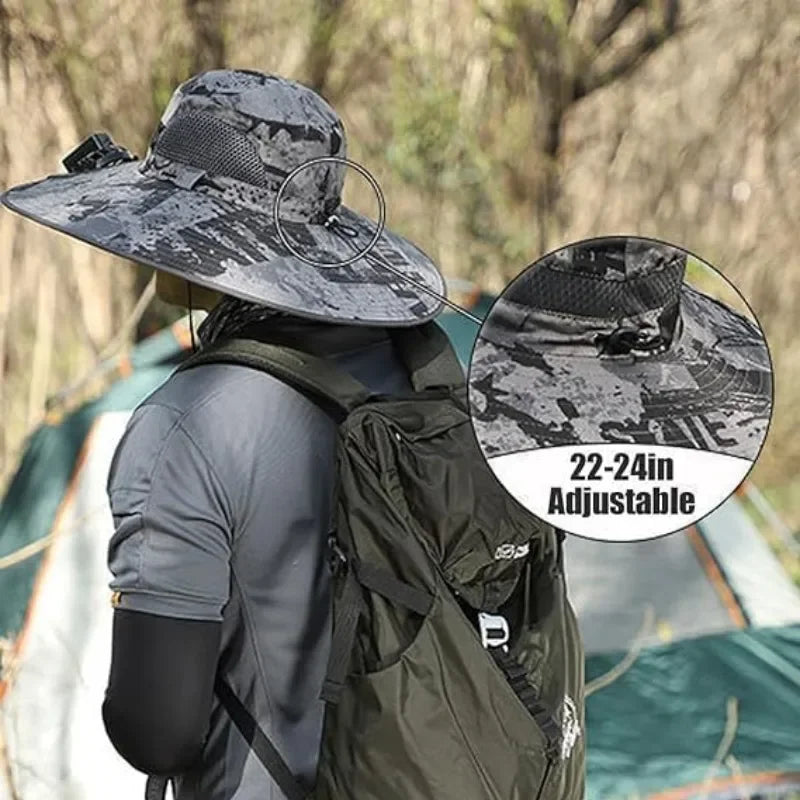 New Men's Fashion Wide Brim Solar Fan Hat UPF50+ Sun Protection with Dual Power (Solar USB) Adjustable Outdoor Beach Fishing Hat