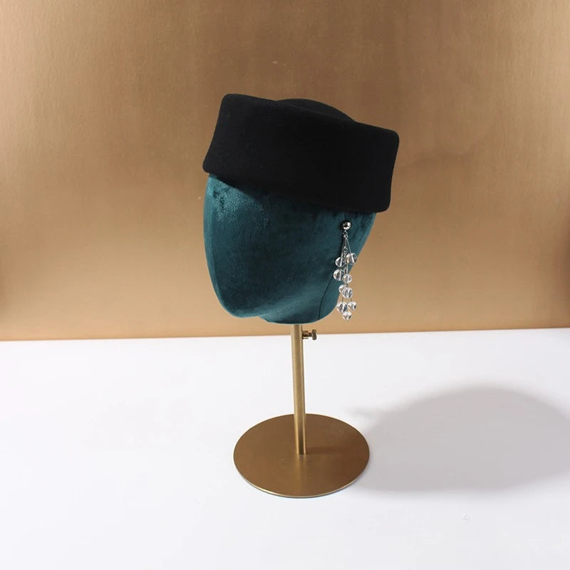 Vintage Hard Top Flat Fedoras Hats Women 100% Wool Felt Berets Hat Wedding Cocktail Party Medicine Box Hat Charming Pillbox Cap