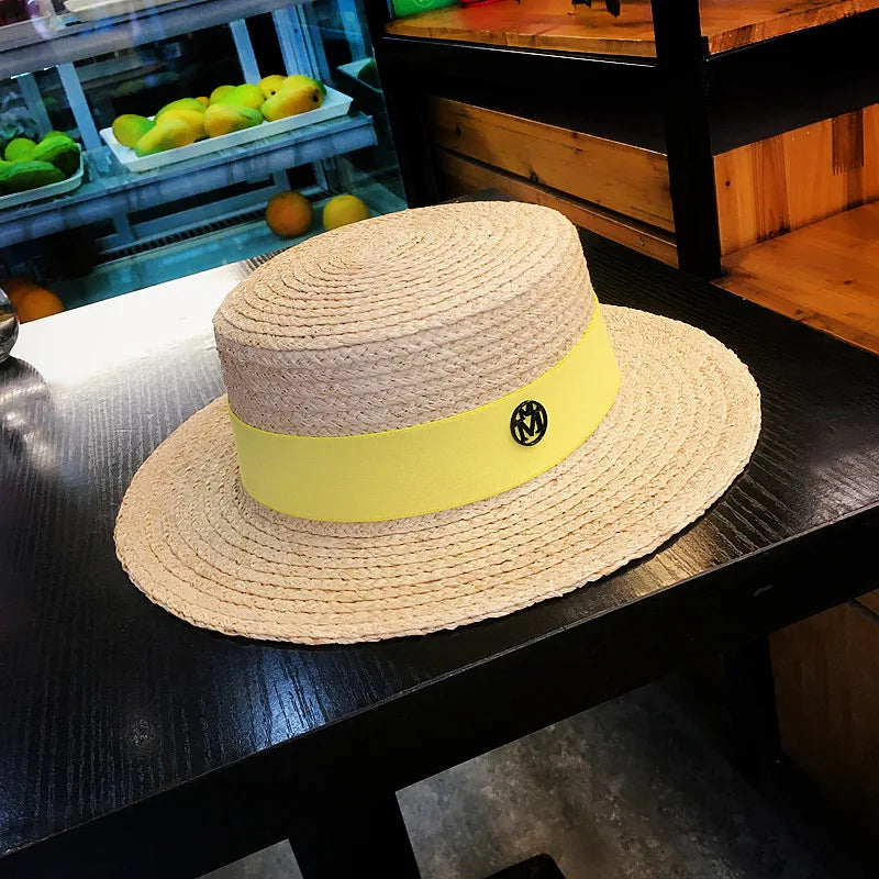 2026 Letter Raffia Boater Hats Women Summer Hat with Ribbon Band Flat Top Sun Hat Wide Brim   Ladies Canotier Beach Hat