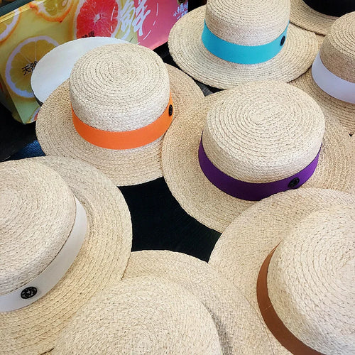 2026 Letter Raffia Boater Hats Women Summer Hat with Ribbon Band Flat Top Sun Hat Wide Brim   Ladies Canotier Beach Hat
