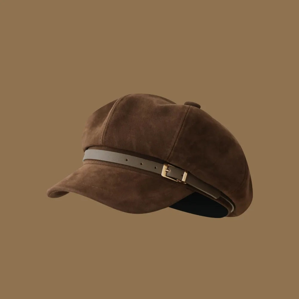 Personality British Style Pu Leather Beret Belt Buckle Brown Suede Octagonal Hat Artist Hat Korean Style Painter Hat Ladies