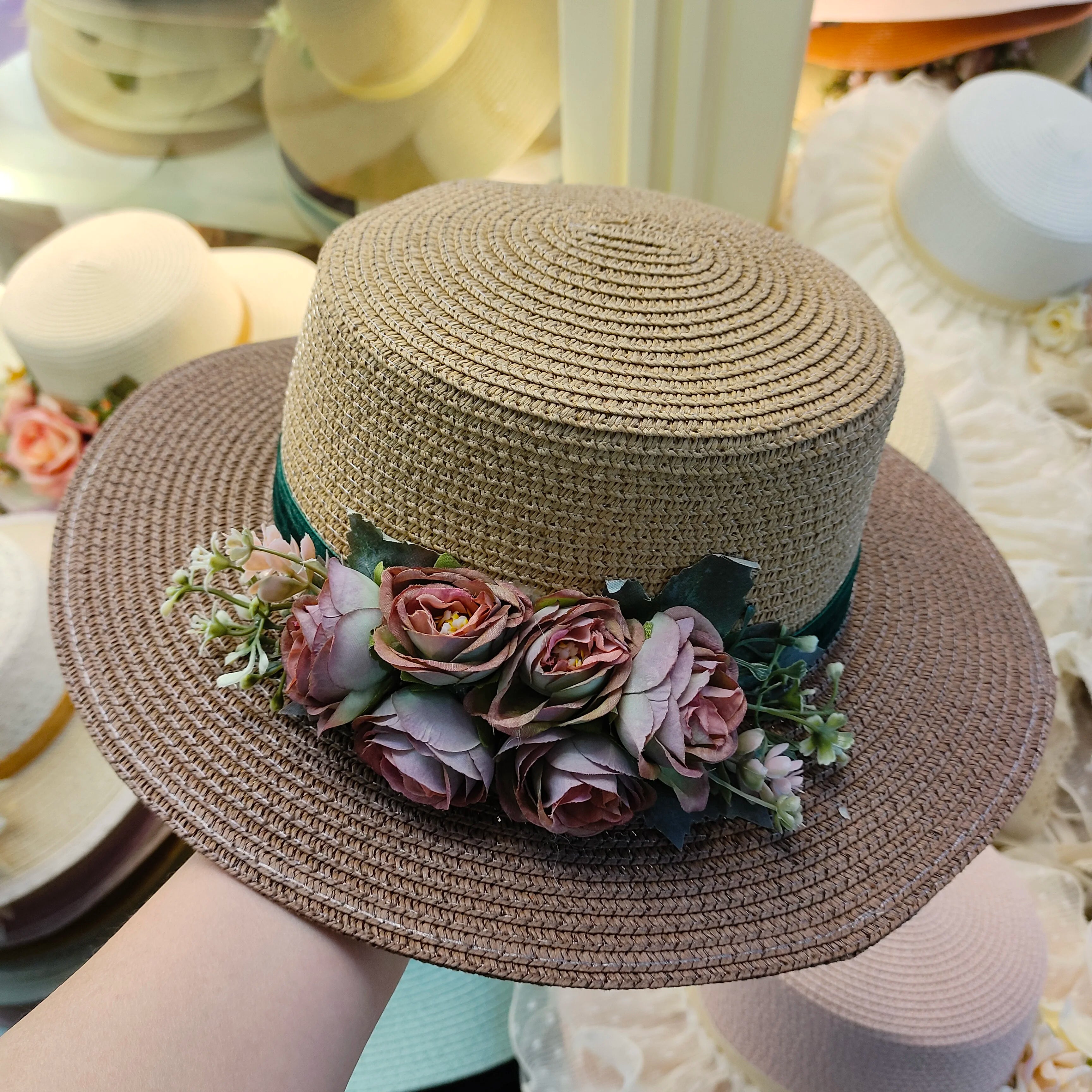 flower hat sunscreen women's flat hat beach hat Barrel cap sun hat spring summer outdoor breathable sunshade straw hat wholesale