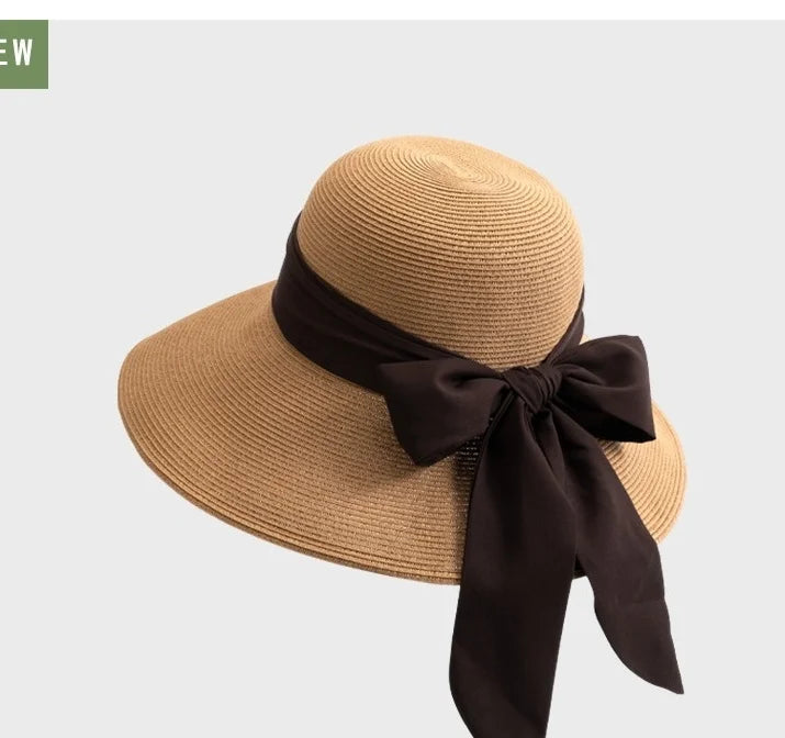Summer Wide-Brimmed Sun Hat with Bow Ribbon Holiday Outing Sun Protection Straw Fisherman's Hat