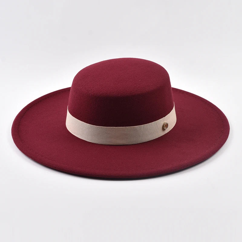 French Style Fedora Hat for Women Autumn Winter 10CM Wide Brim Flat Top Felt Hat Fashion Derby Wedding Jazz Hats