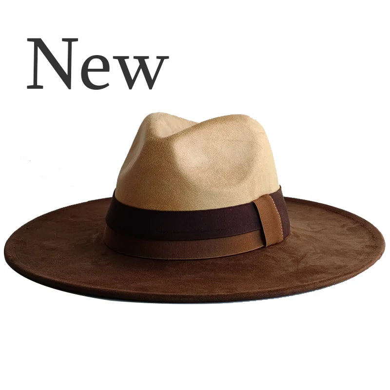 Colorblock Ribbon Colorful Suede Hat Autumn and Winter Women's Felt Hat Wide Brim Hat British Style Retro Men's Gorras Hombre