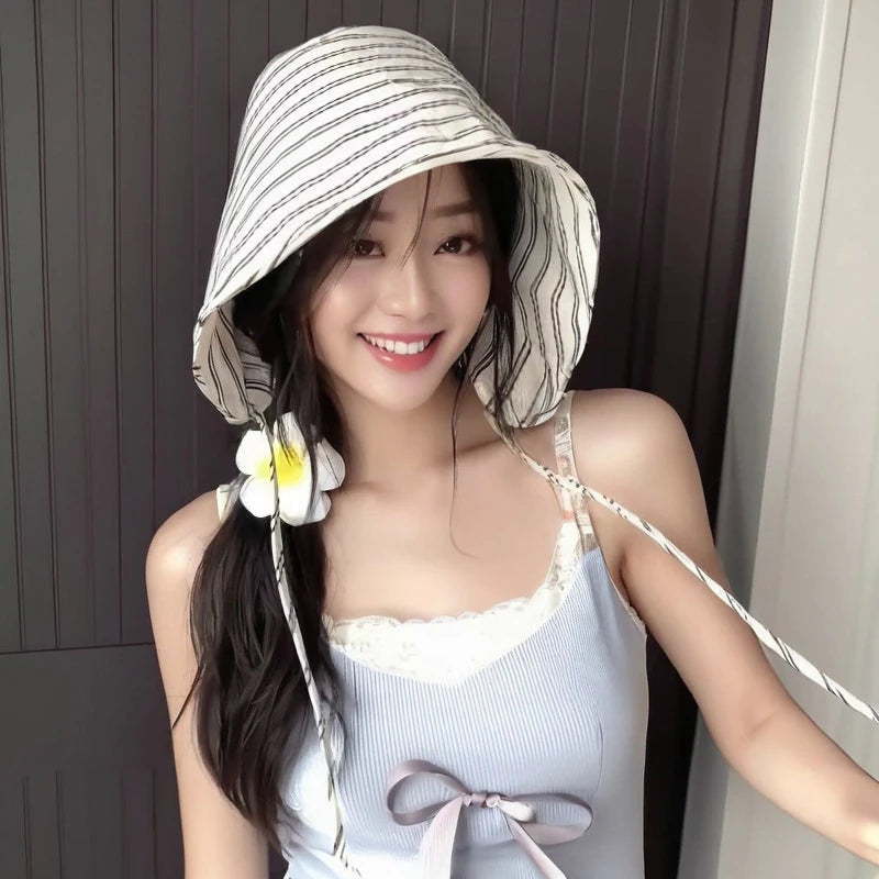 1Pcs Large Brim Foldable Bucket Hats With String For Women Korean Striped Female Panama Bob Outdoor Mountaineering Hat