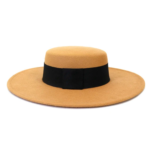 French Women's Hat Big Wide Brim 10CM Fedora Hat Winter Wool Derby Wedding Jazz Hats Flat Top Felt Hat