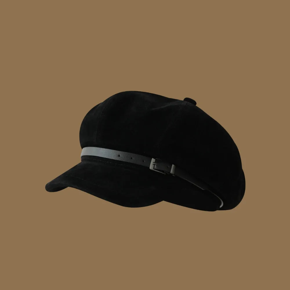 Personality British Style Pu Leather Beret Belt Buckle Brown Suede Octagonal Hat Artist Hat Korean Style Painter Hat Ladies