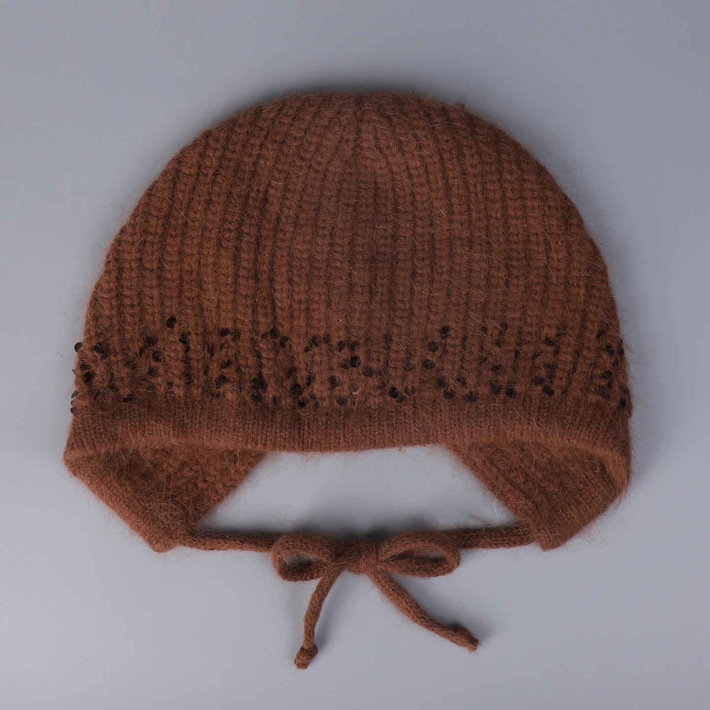 Sequined Knitted Rabbit Fur Blended Split Design Woolen Bomber Cap Women Winter Warmth Outdoor Protection Ear Knitted Beanie Cap