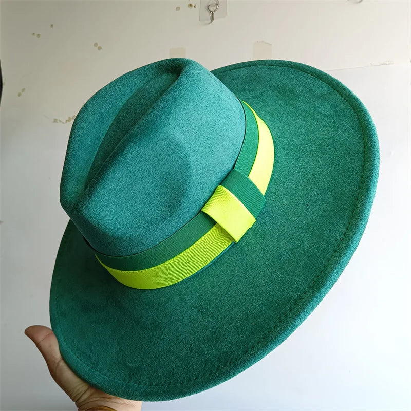 Colorblock Ribbon Colorful Suede Hat Autumn and Winter Women's Felt Hat Wide Brim Hat British Style Retro Men's Gorras Hombre