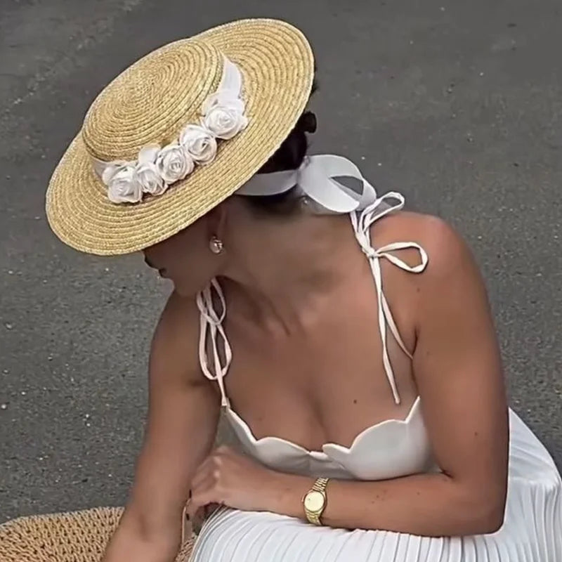 Ladies Sun Fedora Hats Hepburn hat Shiny Straw Hat European American Retro Gold Braided Female Sunshade Flat Sequins Hat