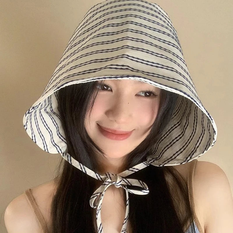 1Pcs Large Brim Foldable Bucket Hats With String For Women Korean Striped Female Panama Bob Outdoor Mountaineering Hat