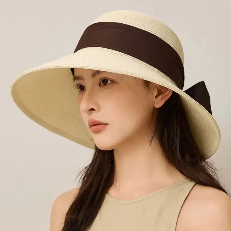 Summer Wide-Brimmed Sun Hat with Bow Ribbon Holiday Outing Sun Protection Straw Fisherman's Hat