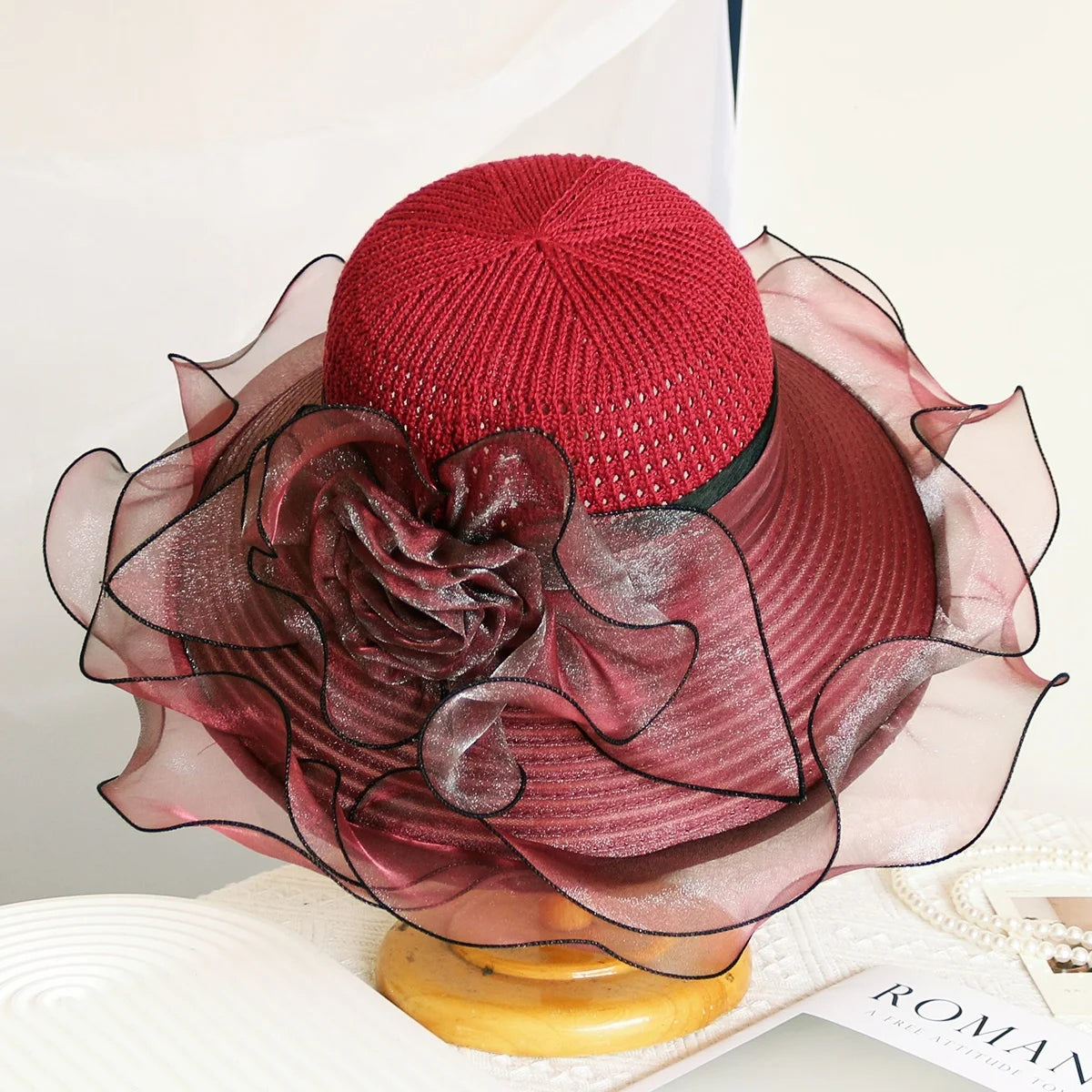 Elegant Summer Women's Sun Hat Breathable Organdy Material Foldable Design Woven Top Flower Decoration