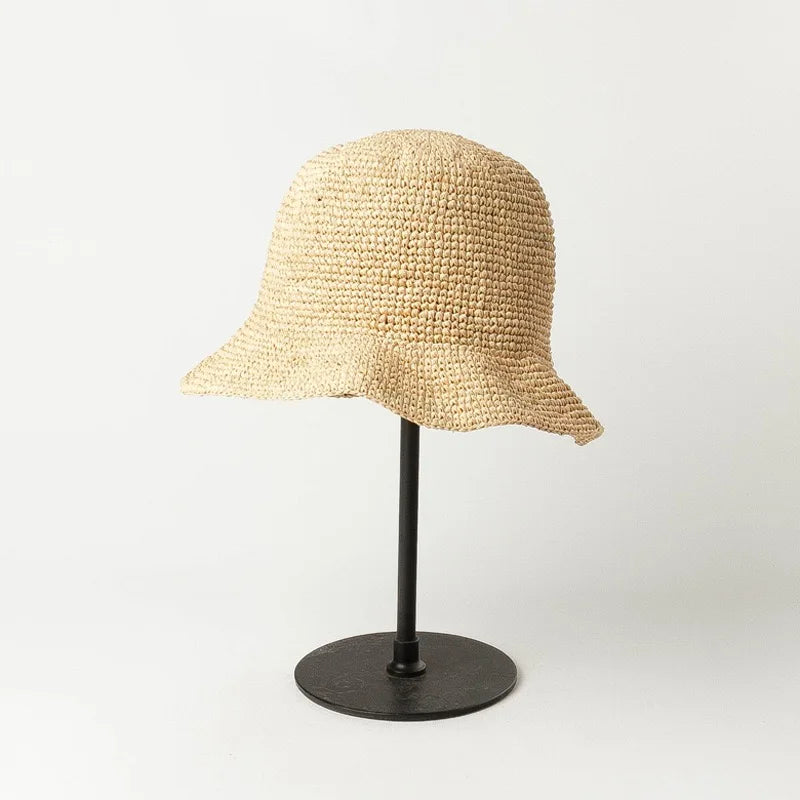 Fashion Raffia Fine Needle Luxury Bucket Hat For Women Summer Sun Shading Fisherman Hat Designer Wide Brim Basin Hat K Pop