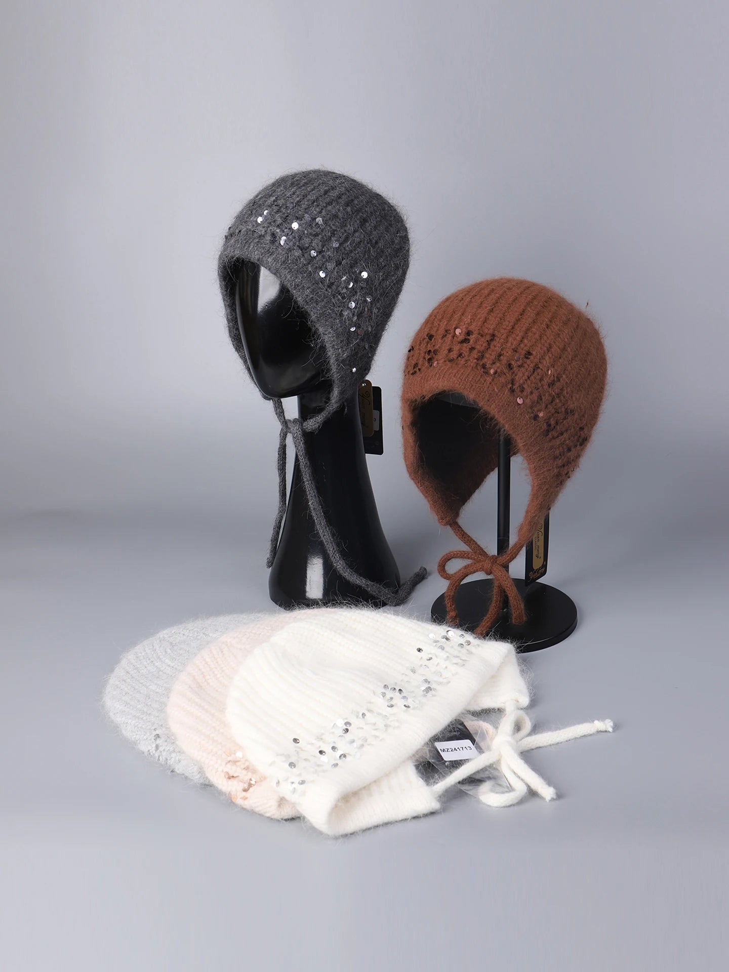 Sequined Knitted Rabbit Fur Blended Split Design Woolen Bomber Cap Women Winter Warmth Outdoor Protection Ear Knitted Beanie Cap
