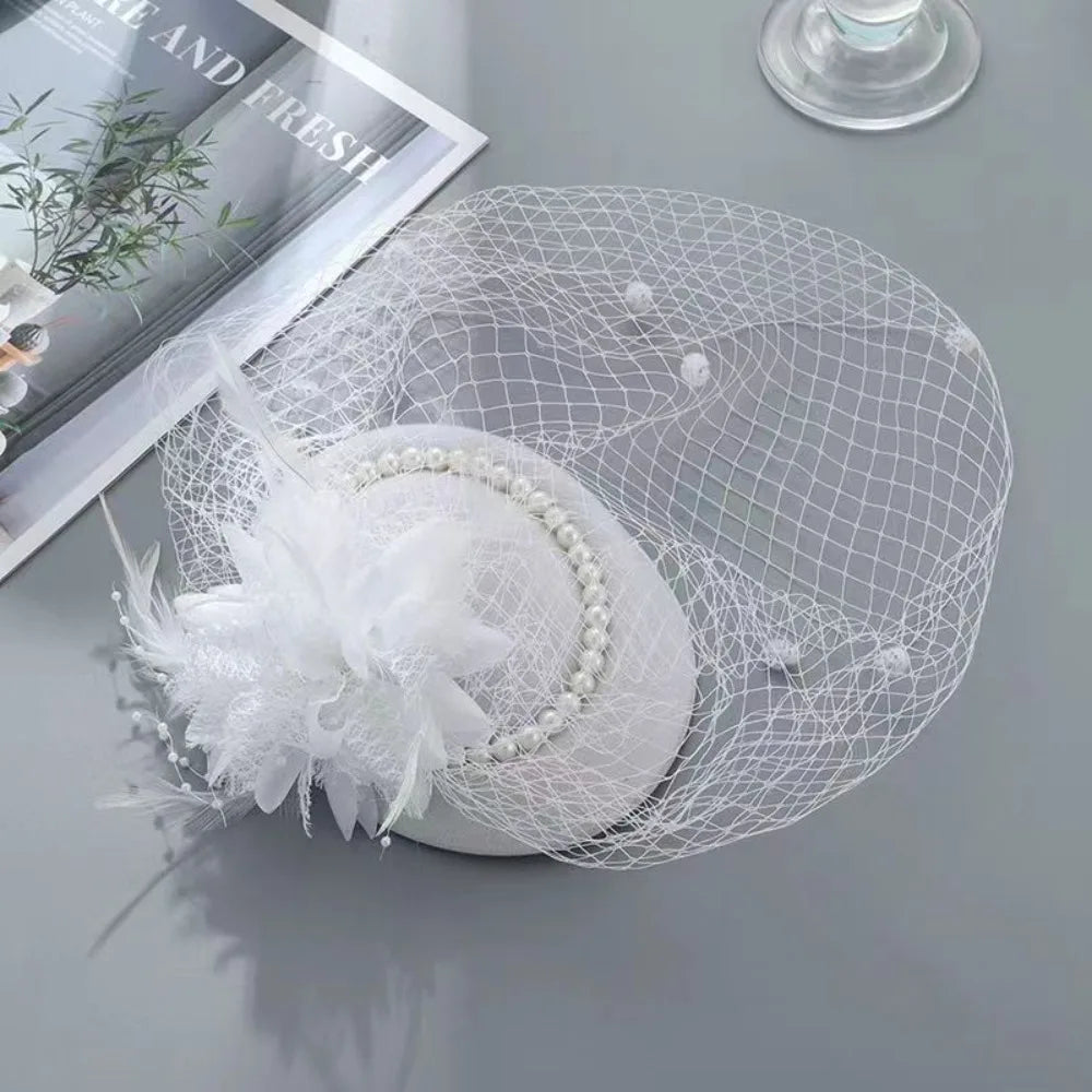 New Elegant Bridal Headwear Pearl Flower Mesh Wedding Veil Hat Temperament Vintage Pillbox Hats For Women