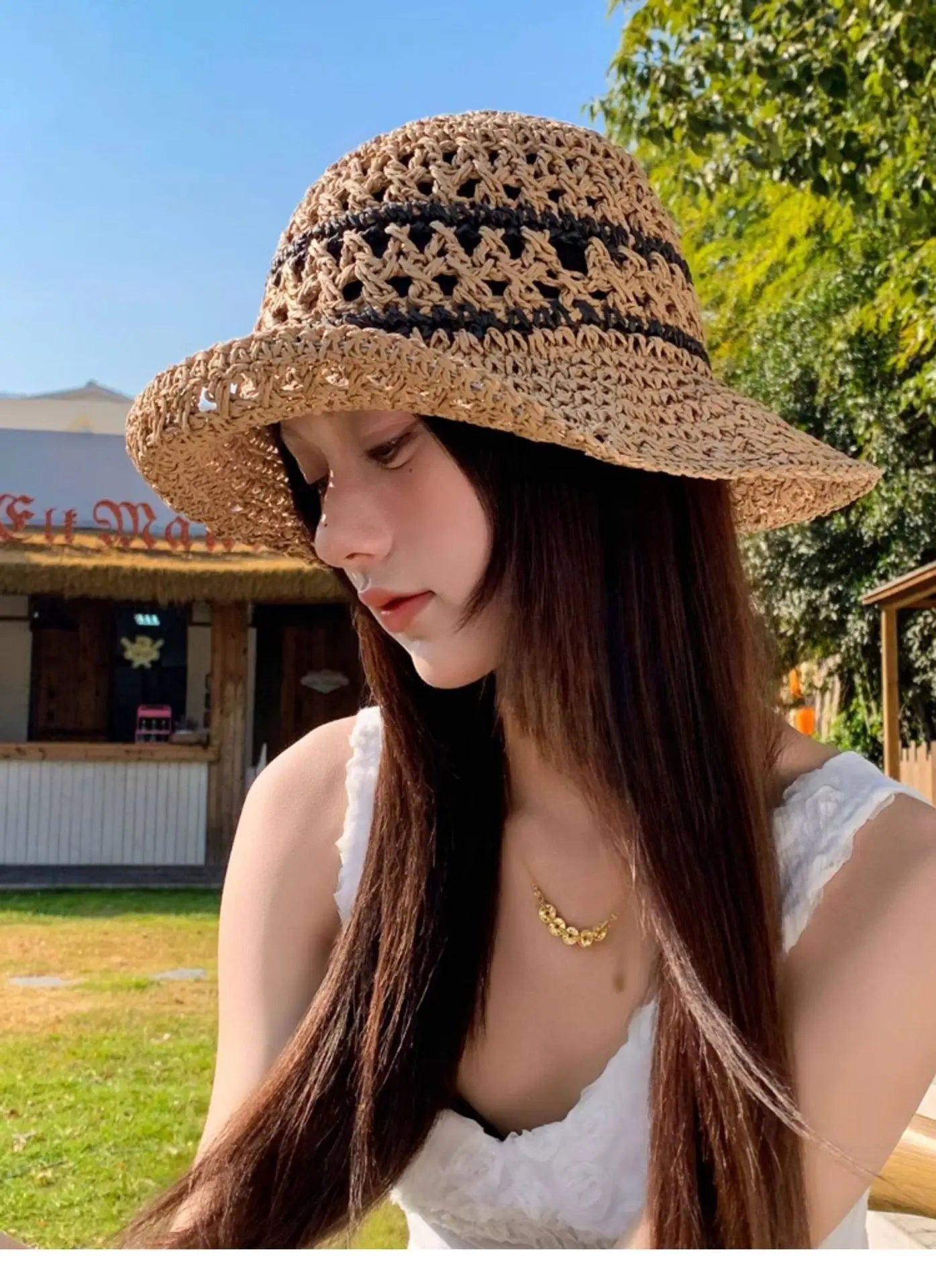 Striped Openwork Knitted Straw Hat: Breathable Fisherman's Hat for Women – Ideal for Beach Holidays, Leisure and Sun Protection