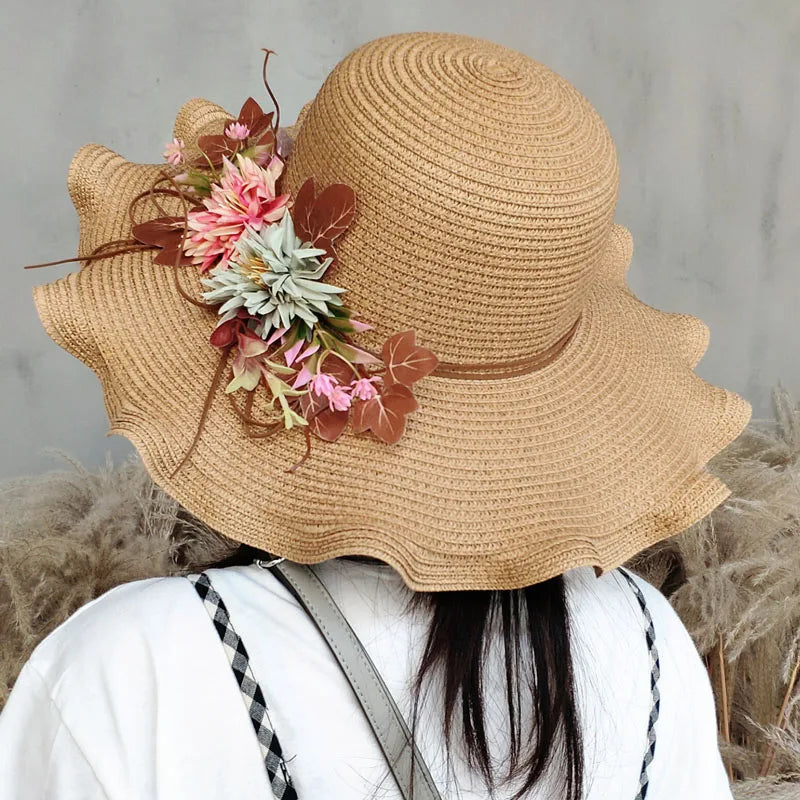 Summer Women Straw Hat with Flowers Wide Brim Wavy Brim Straw Hat Panama Hats Female Lady Outdoor Foldable Beach Sun Cap