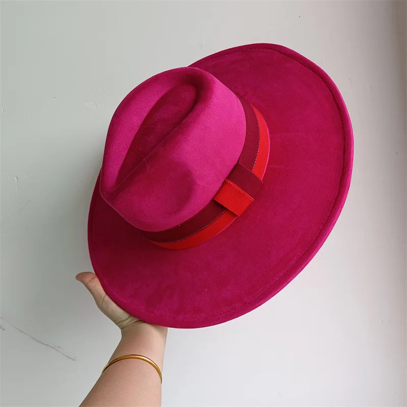 Colorblock Ribbon Colorful Suede Hat Autumn and Winter Women's Felt Hat Wide Brim Hat British Style Retro Men's Gorras Hombre
