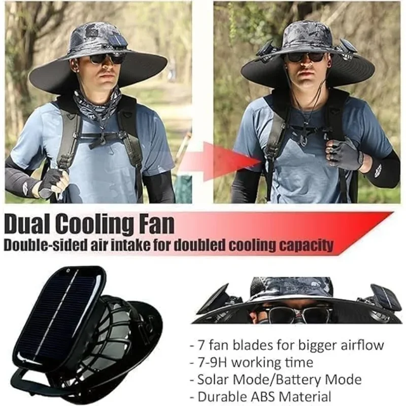New Men's Fashion Wide Brim Solar Fan Hat UPF50+ Sun Protection with Dual Power (Solar USB) Adjustable Outdoor Beach Fishing Hat