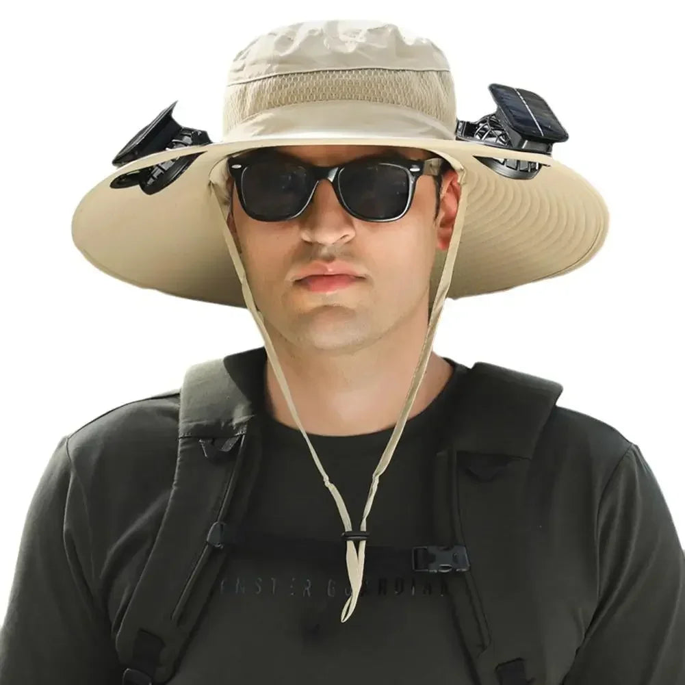 New Men's Fashion Wide Brim Solar Fan Hat UPF50+ Sun Protection with Dual Power (Solar USB) Adjustable Outdoor Beach Fishing Hat