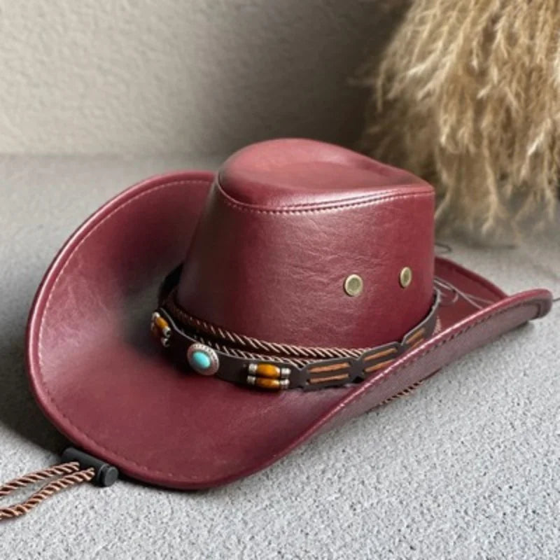 New Faux Leather Western Cowboy Hats for Women Men Vintage Gentleman Dress Hats Panama Cowgirl Jazz Cap Sombrero Hombre