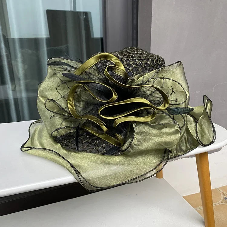 New Arrival Women's Summer Sun Hat, Wide Brim Organza Mesh Lurex Flower, Thin Beach Sun Hat