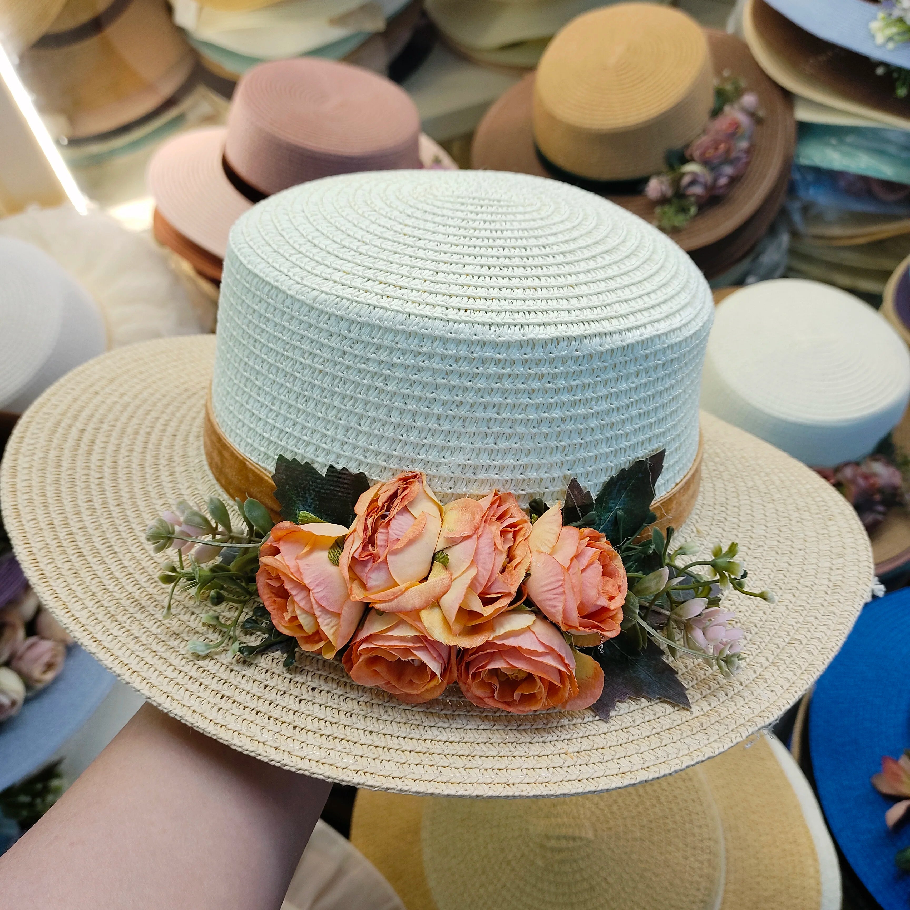flower hat sunscreen women's flat hat beach hat Barrel cap sun hat spring summer outdoor breathable sunshade straw hat wholesale