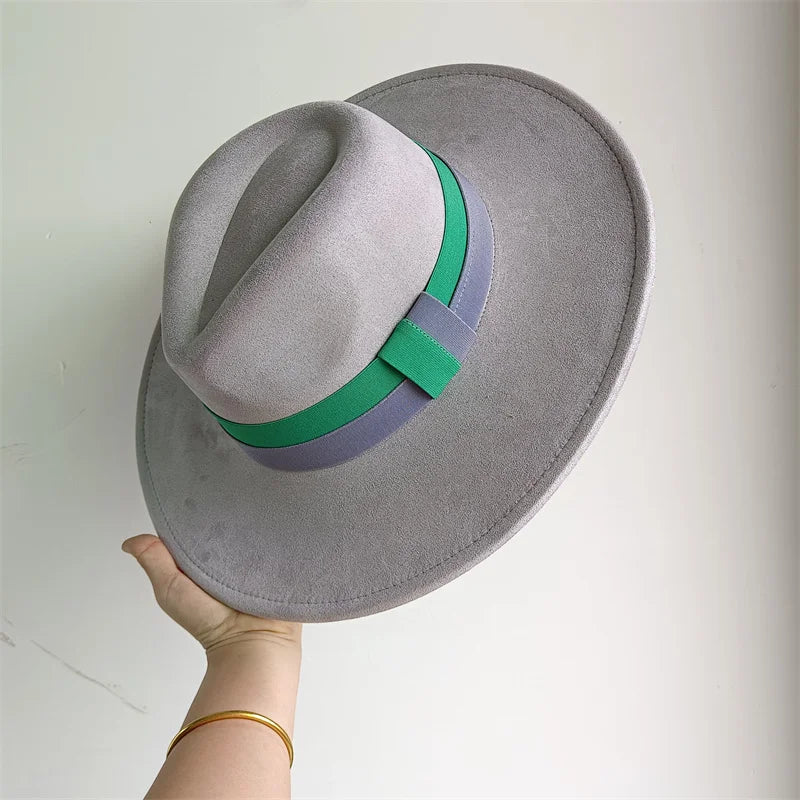 Colorblock Ribbon Colorful Suede Hat Autumn and Winter Women's Felt Hat Wide Brim Hat British Style Retro Men's Gorras Hombre
