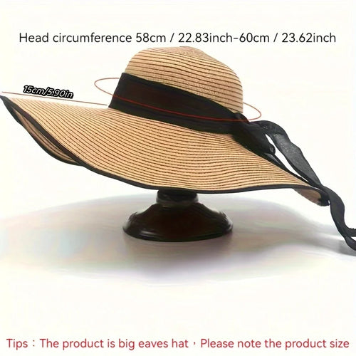 1pc outdoor Seaside woman fashion big Bow large brimmed Sun Protection Cap Foldable Straw Hat