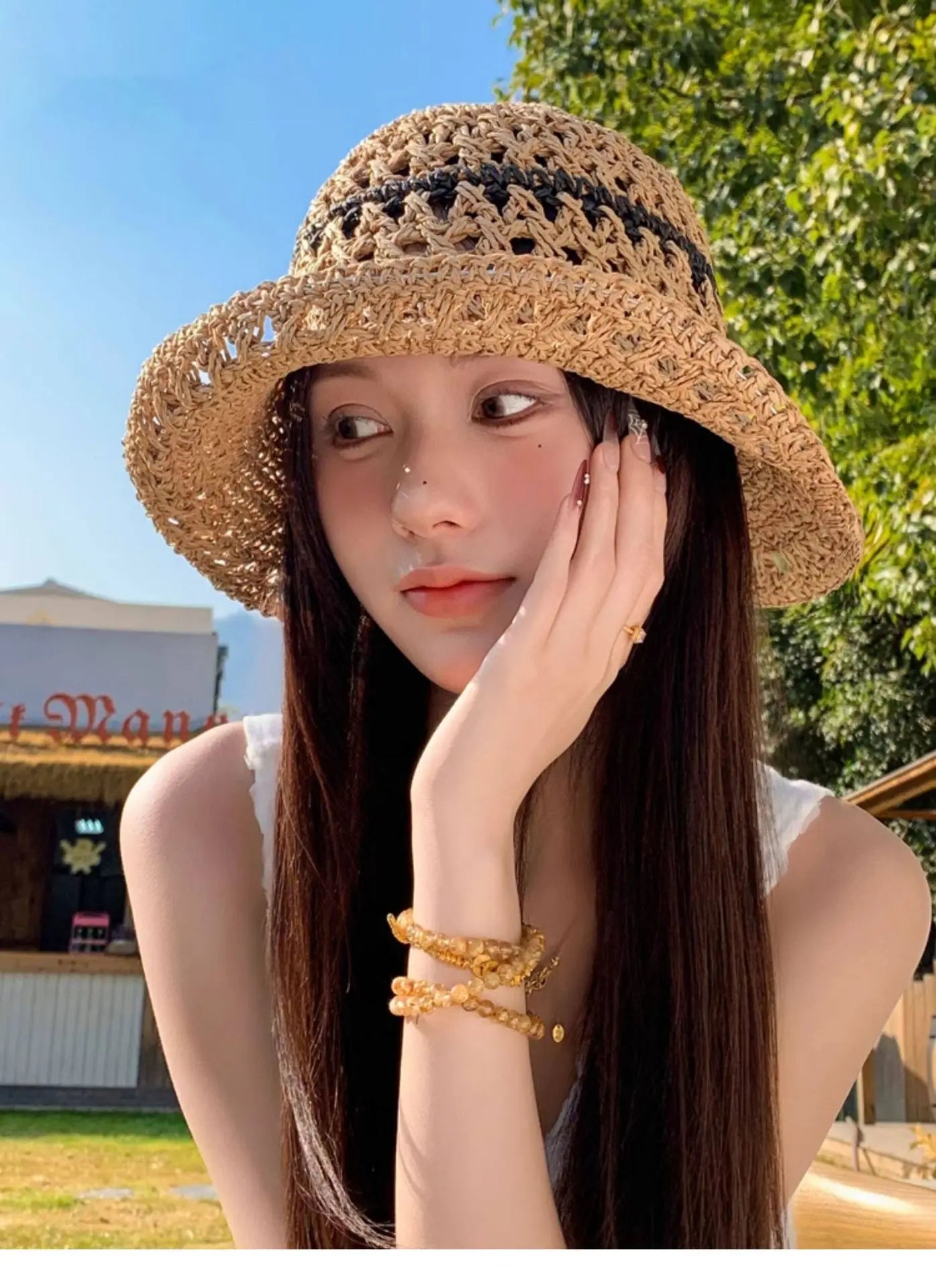 Striped Openwork Knitted Straw Hat: Breathable Fisherman's Hat for Women – Ideal for Beach Holidays, Leisure and Sun Protection