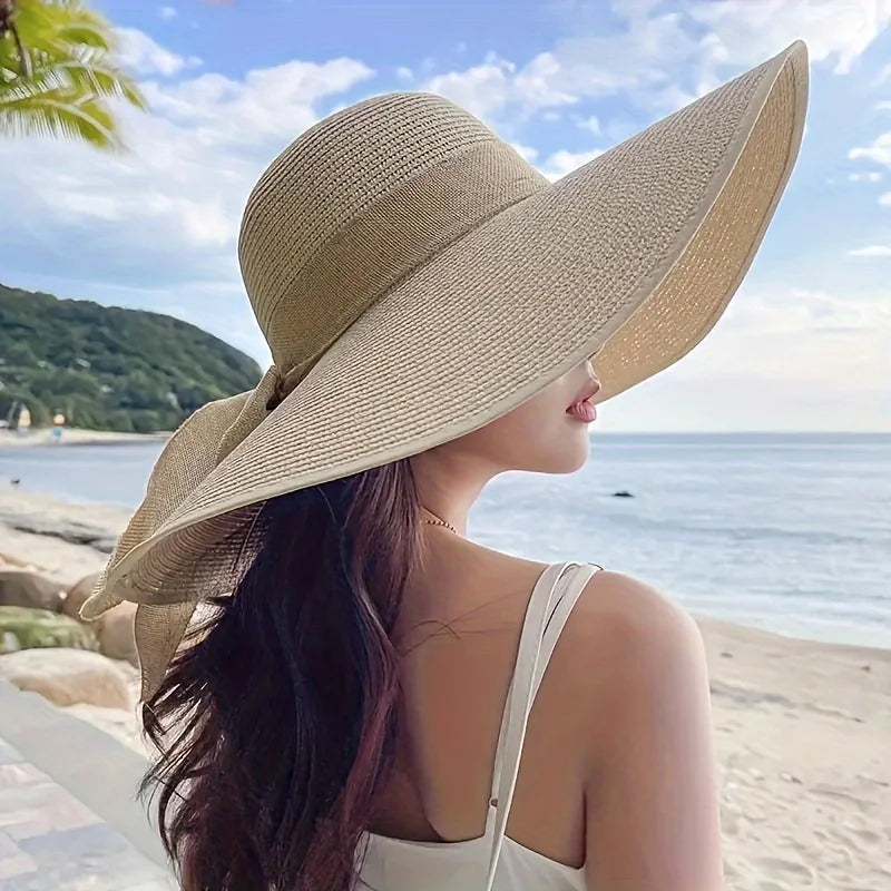 1pc outdoor Seaside woman fashion big Bow large brimmed Sun Protection Cap Foldable Straw Hat