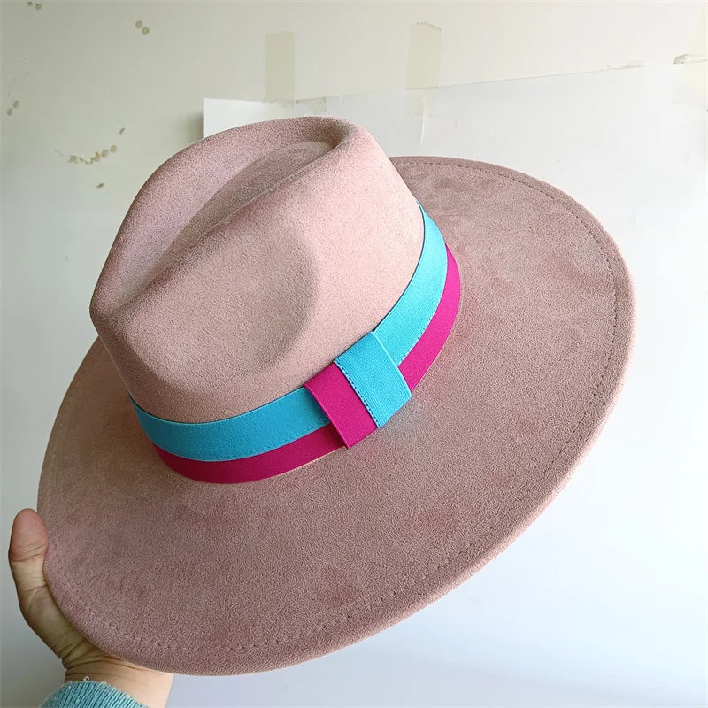Colorblock Ribbon Colorful Suede Hat Autumn and Winter Women's Felt Hat Wide Brim Hat British Style Retro Men's Gorras Hombre