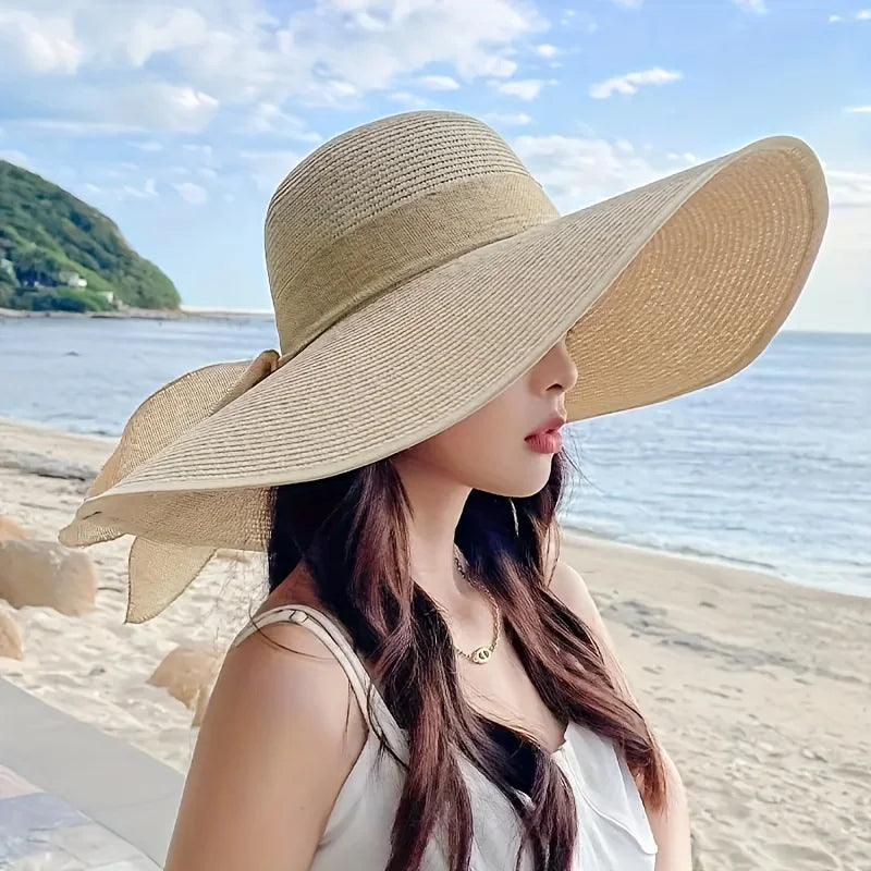1pc outdoor Seaside woman fashion big Bow large brimmed Sun Protection Cap Foldable Straw Hat