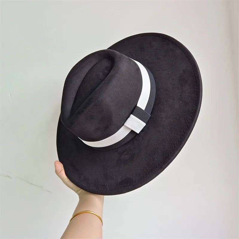 Colorblock Ribbon Colorful Suede Hat Autumn and Winter Women's Felt Hat Wide Brim Hat British Style Retro Men's Gorras Hombre