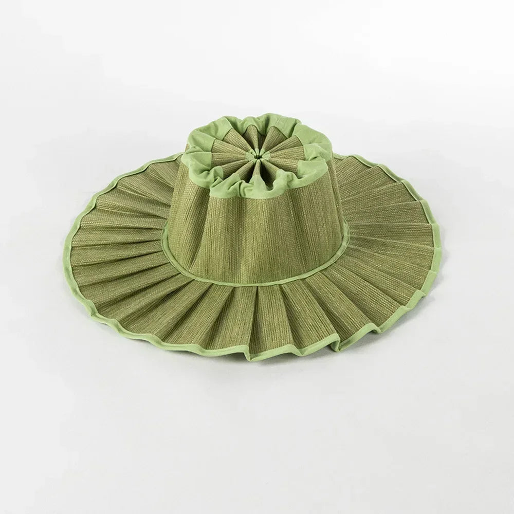 Y2K Parent-Child Summer Reversible Pleated Sun Hats for Women Casual Straw Hat Outdoor Beach Shade Straps Lady Gorras Para Mujer
