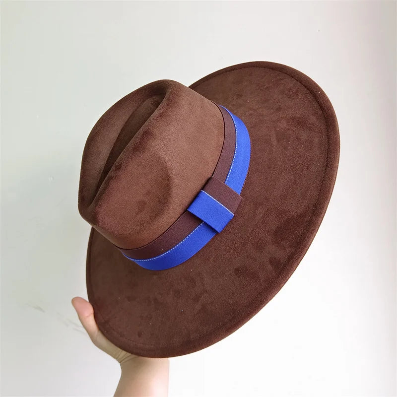 Colorblock Ribbon Colorful Suede Hat Autumn and Winter Women's Felt Hat Wide Brim Hat British Style Retro Men's Gorras Hombre