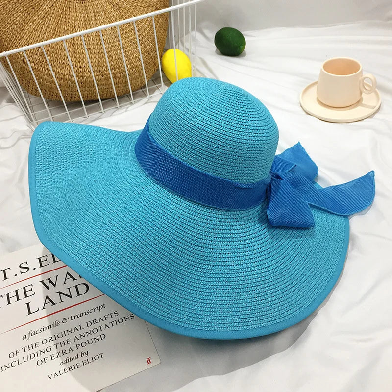 Women Summer Beach Travel Straw Hat Korean Seaside Big Hat Brim Sunblock Sunshade Holiday Foldable Fashion Big Cool Hat