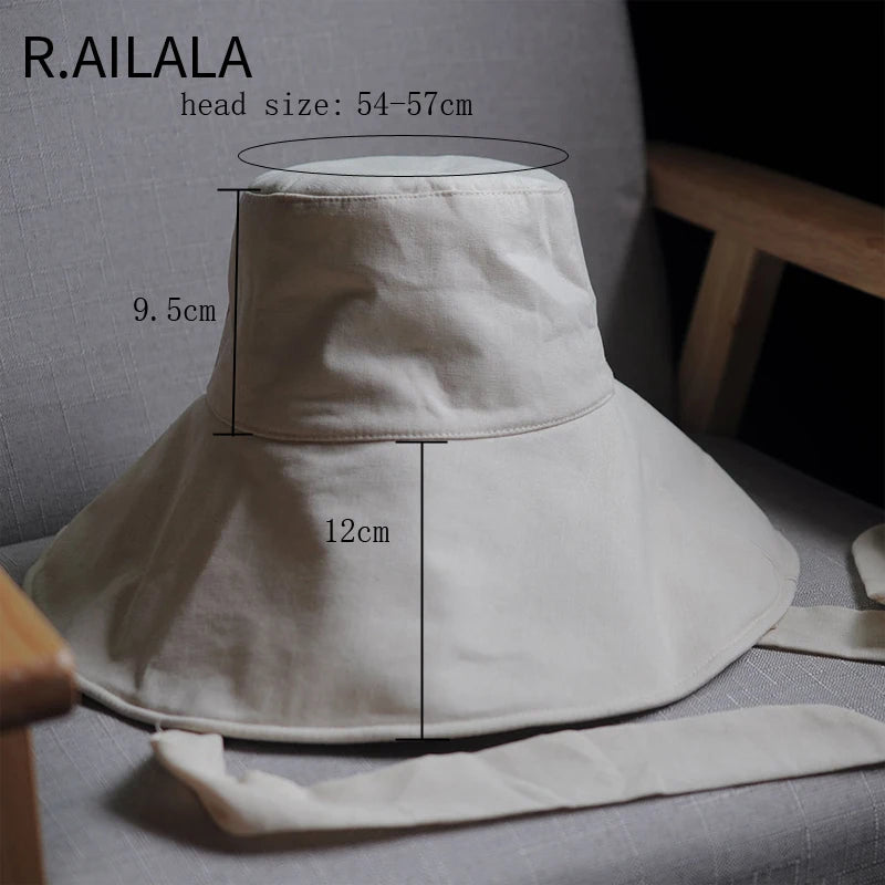 New Summer Spring Japanese Tie Bucket Hat Women's Korean-style Big Eave Fisherman Foldable UV Cotton Linen Beach Strap Sun Hat