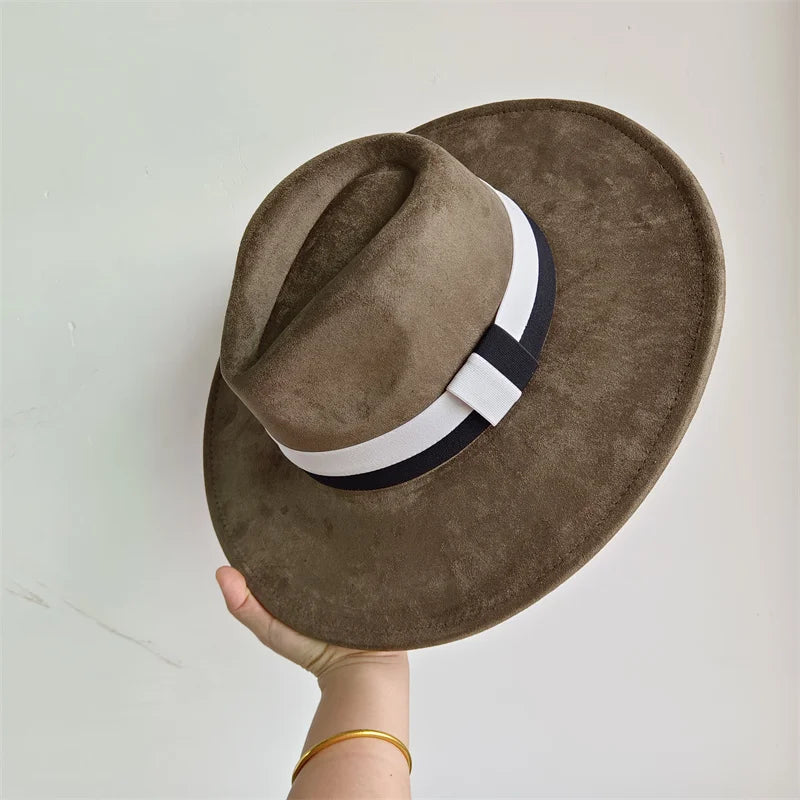 Colorblock Ribbon Colorful Suede Hat Autumn and Winter Women's Felt Hat Wide Brim Hat British Style Retro Men's Gorras Hombre