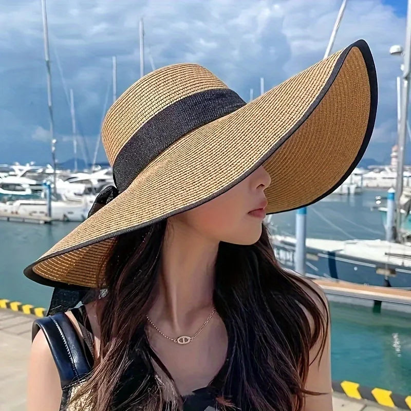 1pc outdoor Seaside woman fashion big Bow large brimmed Sun Protection Cap Foldable Straw Hat