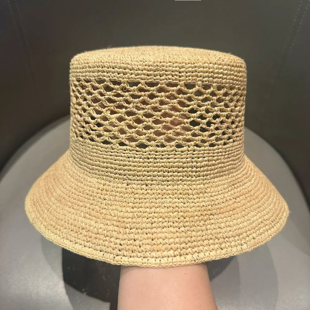 Fashion Raffia Fine Needle Luxury Bucket Hat For Women Summer Sun Shading Fisherman Hat Designer Wide Brim Basin Hat K Pop