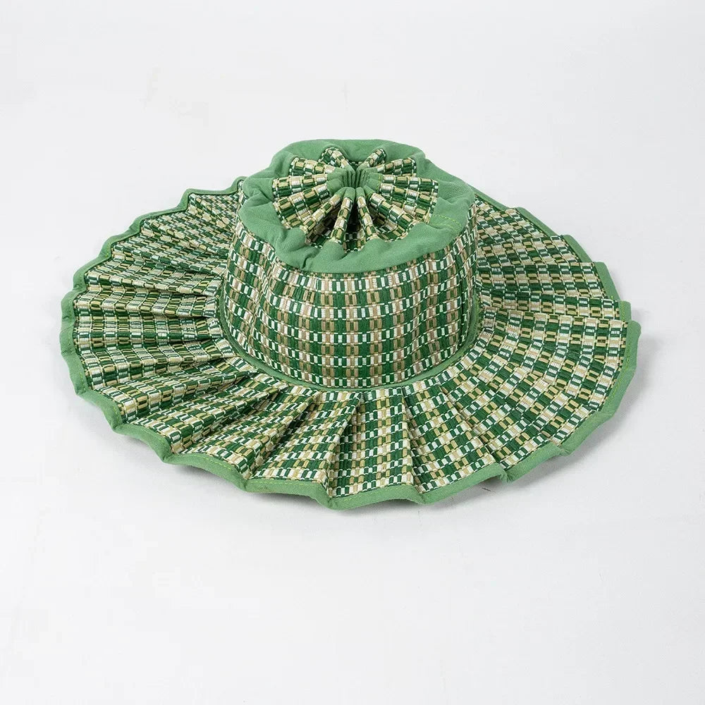 Y2K Parent-Child Summer Reversible Pleated Sun Hats for Women Casual Straw Hat Outdoor Beach Shade Straps Lady Gorras Para Mujer